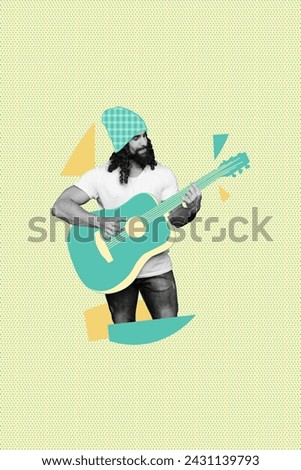 Vertical creative composite image photo collage of cool handsome musician play on drawn guitar isolated on yellow dotted background