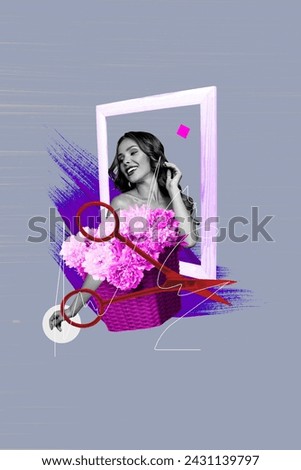 Vertical collage picture young gorgeous woman picture frame flowers blossom plant pink bloom scissors tool drawing background