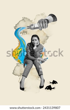 Vertical creative composite sketch photo collage of minded sad woman thinking about environmental pollution isolated on drawing background