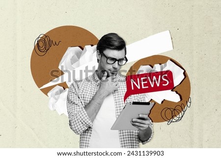Composite image collage 3d sketch artwork of serious thoughtful male reader editor hold tablet find latest news exclusives isolated on painted background Royalty-Free Stock Photo #2431139903