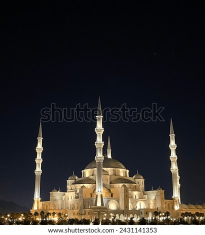 The Sheikh Zayed Mosque in Fujairah stands majestically at night