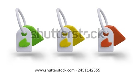 Tag with leaf sign. Set of labels of different colors, fastened on ring