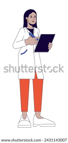 Female doctor with clipboard 2D linear cartoon character. Healthcare worker. Woman medical specialist isolated line vector person white background. Lab assistant in robe color flat spot illustration