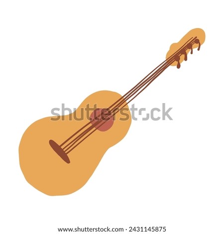 Mexican cartoon acoustic guitar, vector flat illustration isolated on white background, folk latin music symbol, colorful illustration, decorative Spanish instrument sign for design travel map