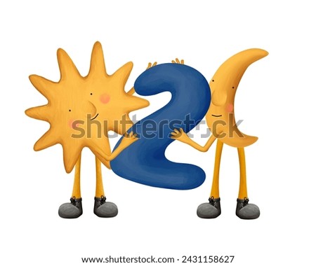 Bright numbers. Cute moon and sun with number 2. Illustration for kids on white background