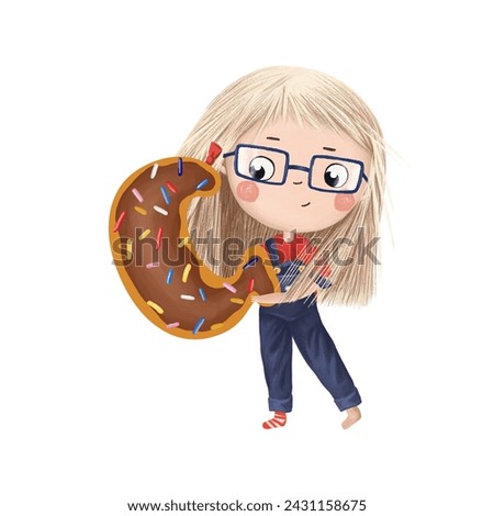 Cute little girl with chocolate donut- letter G on white background. Learn alphabet clip art collection