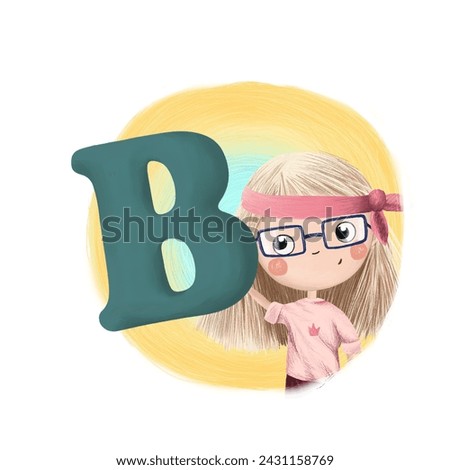 Cute little girl with letter B. Colorful cartoon graphics. Learn alphabet clip art collection on white background