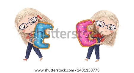 Cute little girl with chocolate donut- letter E. Tasty set on white background. Learn alphabet clip art collection
