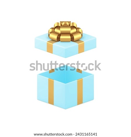Blue luxury wrapped gift box squared open present pack golden bow ribbon 3d icon realistic vector