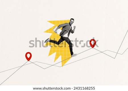 Collage picture of black whited colors guy hold laptop run rush climb location mark graphic upwards isolated on painted background