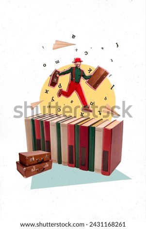 Vertical collage picture of funky mini guy hold valise jump run huge book flying paper planes letters isolated on creative background
