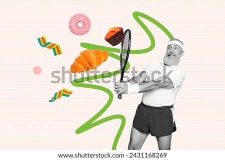 Creative collage picture mature retired sportsman avoid unhealthy junk nutrition bakery sweet croissant donut glaze cupcake sugary meal