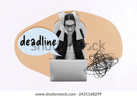 Composite image collage 3d sketch artwork of young girl secretary cry upset hysterics deadline project overdue isolated on beige color background