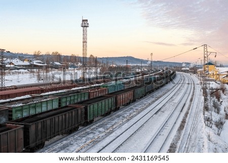 Delivery of goods by rail. Top view of freight railway cars. Freight trains with coal and cargo. Transport infrastructure and cargo transportation. Baikal-Amur Mainline (BAM), Eastern Siberia, Russia. Royalty-Free Stock Photo #2431169545