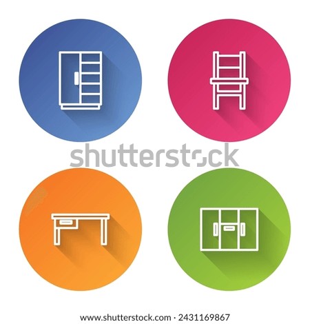 Set line Wardrobe, Chair, Office desk and . Color circle button. Vector