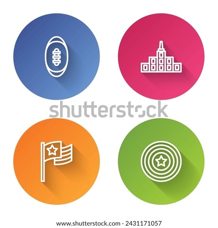 Set line American Football ball, City landscape, flag and star shield. Color circle button. Vector