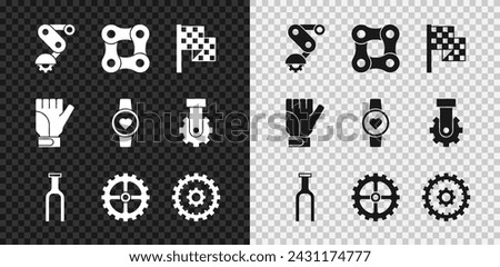 Set Derailleur bicycle rear, Bicycle chain, Checkered flag, fork, sprocket crank, cassette, Gloves and Smart watch icon. Vector Royalty-Free Stock Photo #2431174777