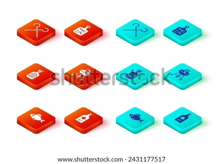 Set Fish, Tabasco sauce, Sauce bottle, Barbecue grill, Cutting board and BBQ skewers icon. Vector