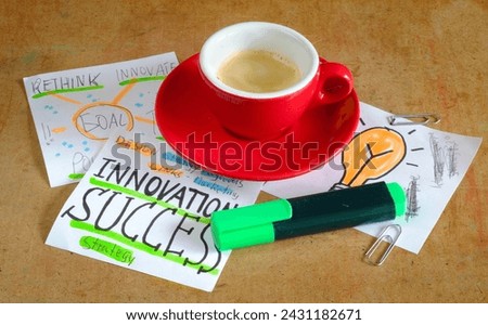 business plan scribble and cup of espresso coffee, textmarker and paper clips, innovation,success,thinking outside the box concept