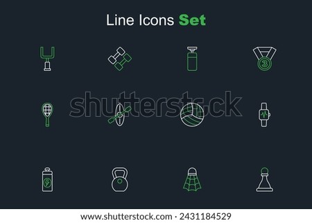 Set line Chess, Badminton shuttlecock, Weight, Fitness shaker, Smart watch with heart, Volleyball ball, Kayak and paddle and Tennis racket icon. Vector
