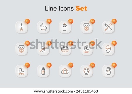 Set line Weight, Punch in boxing gloves, Sport bag, Fitness shaker, Roller skate, Baseball helmet, Skates and Bicycle icon. Vector