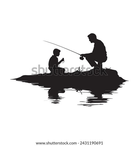 A dad fishing with his son, vector silhouette.