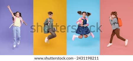 Schoolchildren jumping on color backgrounds, set of photos