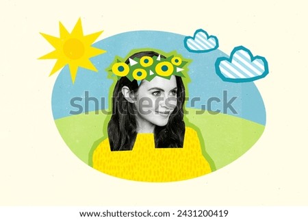 Collage artwork picture of happy smiling lady wear flower wreath enjoying sunny weather isolated beibe color background