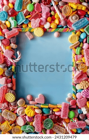 Colorful candy border with blue empty space, perfect for overlaying text or logo.
