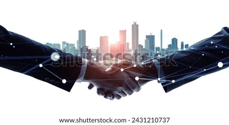 Mixed media of group of people shaking hands and communication network concept. Management strategy. Marketing. Wide angle visual for banners or advertisements.
