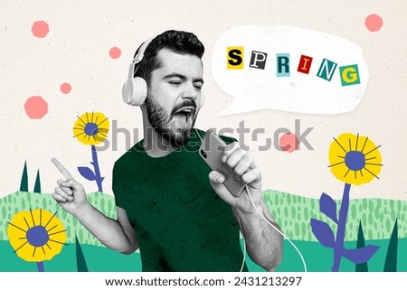 Cartoon comics sketch collage picture of funky guy singing modern device spring coming isolated graphical background
