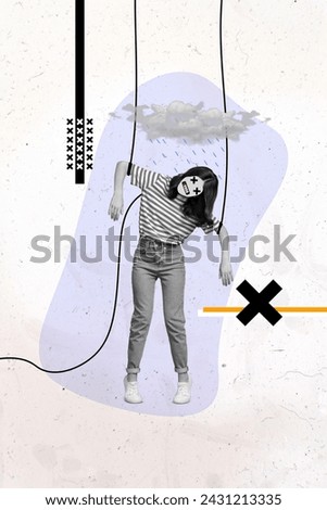 Vertical collage picture illustration monochrome effect sadness depressed young woman puppet slave manipulation unusual template
