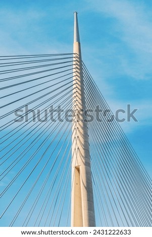 A modern marvel of engineering, the suspension bridge spans the river against a backdrop of clear blue skies, showcasing intricate cable and steel architecture Royalty-Free Stock Photo #2431222633
