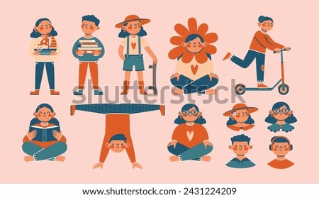 Big set of cartoon clip arts with cute kids, school girls and boys. Sticker pack to World Children's Day. Childrens with toy ship, skateboard, scooter, books. Reading, standing, walking, riding person