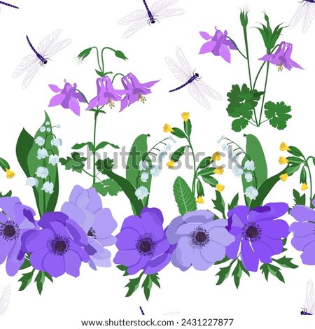 Vector pattern with anemone, aquilegia, lily of the valley and dragonflies on a white background. Seamless pattern for fabric, paper and other printing and web projects. Royalty-Free Stock Photo #2431227877