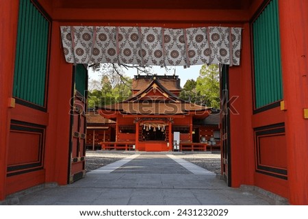 Fujisan Hongu Sengen Taisha, The main shrine building with its iconic red-lacquered pillars and thatched roof. dedicated to the goddess of Mount Fuji. Fujinomiya City, Shizuoka, Japan Royalty-Free Stock Photo #2431232029