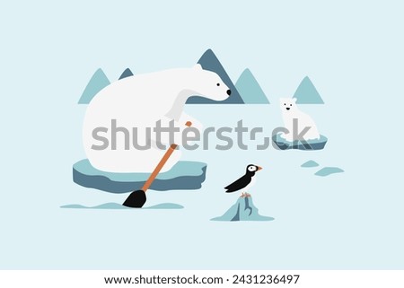 Polar Bear And His Baby Sitting On A Melting Ice In A Sea Vector Illustration