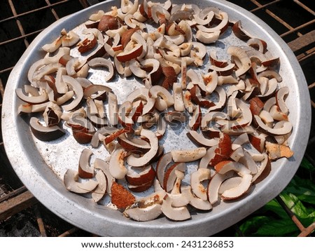 Close-up of small pieces of coconut white flesh spread over the aluminium thin bowl, in the noon sunlight, to dry up the coconut pieces for coconut oil extraction ultrahd hi-res jpg stock image photo 