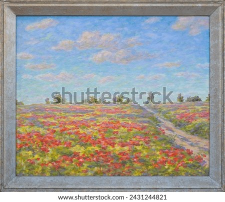 Oil painting landscape field of red poppies. Fine art meadow with wildflowers, spring or early summer.