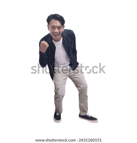 Handsome happy asian man in white t-shirt and black casual shirt posing isolated on white studio portrait. Lifestyle concept of people's sincere emotions. Create copy space.