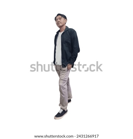 Full length photo of handsome young man happy positive smile confident dream empty space isolated over white color background