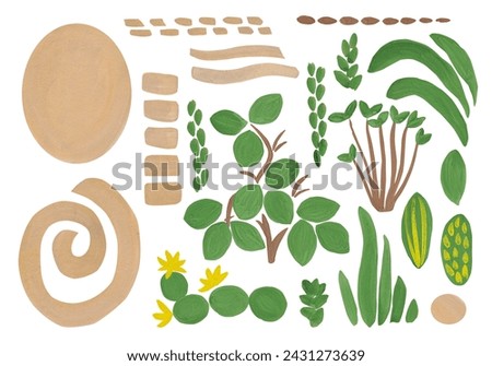 Abstract figures and plants in gouache. Clip art of green plants and gold brush strokes for your design