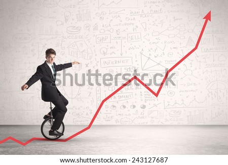 Business parson riding unicycle on an uprising red arrow concept