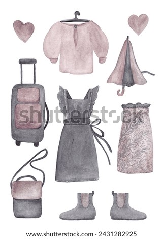 Spring set of women's travel clothing. Clip-art watercolor illustration of a woman traveler