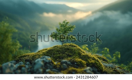 Lone Sapling Thriving on Misty Mountain Overlook Royalty-Free Stock Photo #2431284607