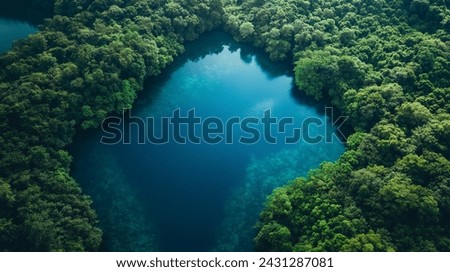 Lake Nestled in Lush Green Forest from Above Royalty-Free Stock Photo #2431287081