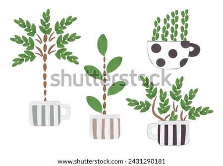 Houseplants. Green plants in flower pots for your design. Clip-art illustration of gouache greenery