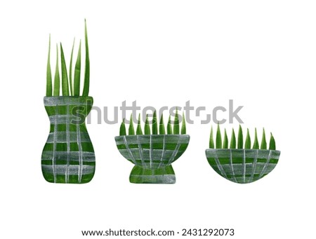 Indoor and outdoor plants. Green flower beds or plants in flower pots for your design. Clip-art illustration of gouache greenery