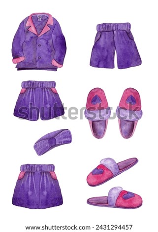Clip-art of home clothes: slippers, pajamas with shorts, headband. 90s style. Illustrations watercolor