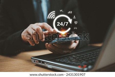 Nonstop service concept. Nonstop business internet technical support work. Man hand show virtual 24-7 clock, worldwide web full-time available contact of service. Always customer service